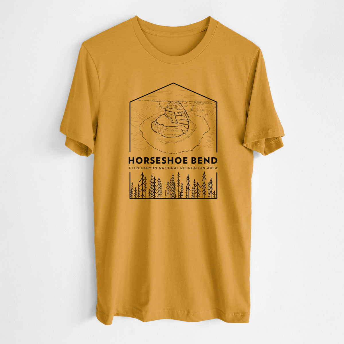 Honeycomb yellow lightweight cotton t-shirt laid flat, printed with a black line art badge of Horseshoe Bend above pine trees, with the words Horseshoe Bend.