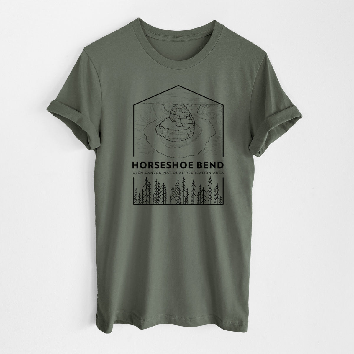 Military green lightweight cotton t-shirt laid flat, printed with a black line art badge of Horseshoe Bend above pine trees, with the words Horseshoe Bend.