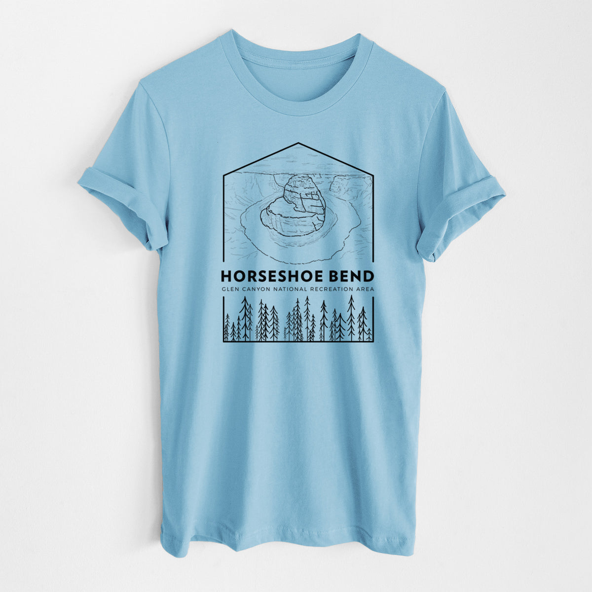Ocean blue lightweight cotton t-shirt laid flat, printed with a black line art badge of Horseshoe Bend above pine trees, with the words Horseshoe Bend.