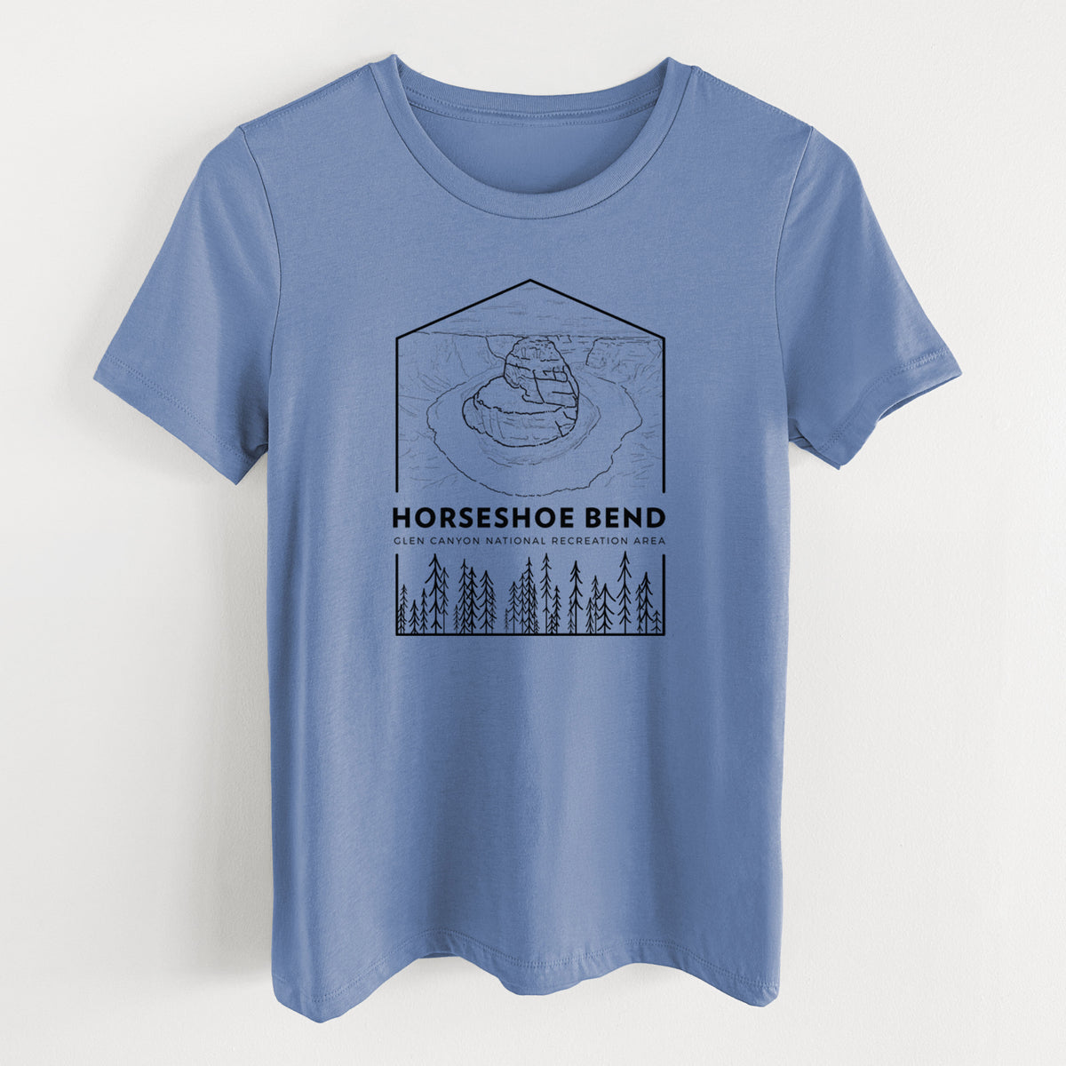 Blue bell women's relaxed fit cotton t-shirt laid flat, printed with a black line art badge of Horseshoe Bend above pine trees, with the words Horseshoe Bend.