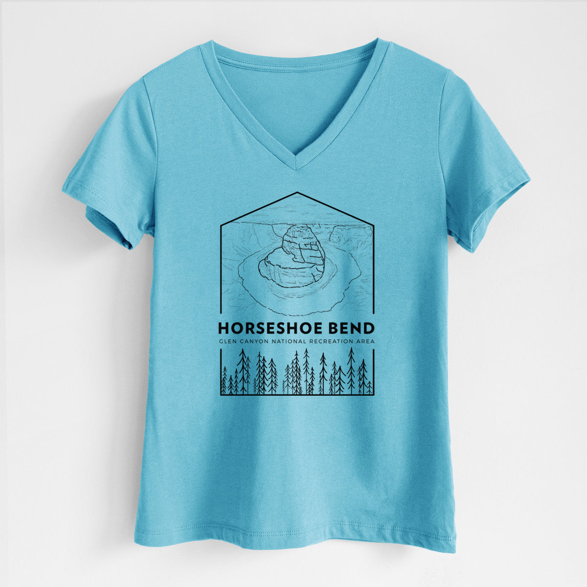 Turquoise women's relaxed fit cotton V-neck t-shirt laid flat, printed with a black line art badge of Horseshoe Bend above pine trees, with the words Horseshoe Bend.