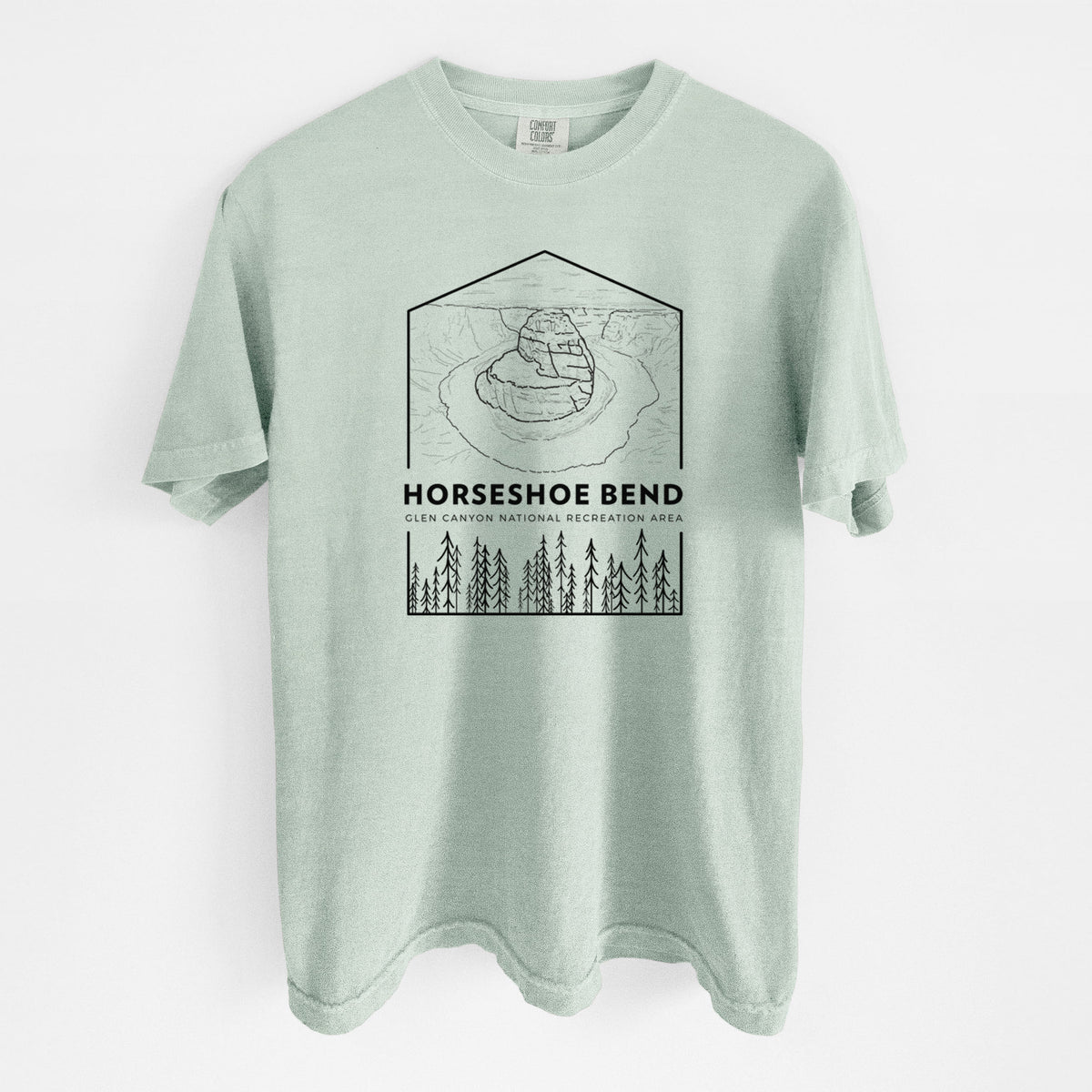 Bay green Comfort Colors t-shirt laid flat, printed with a black line art badge of Horseshoe Bend above pine trees, with the words Horseshoe Bend.
