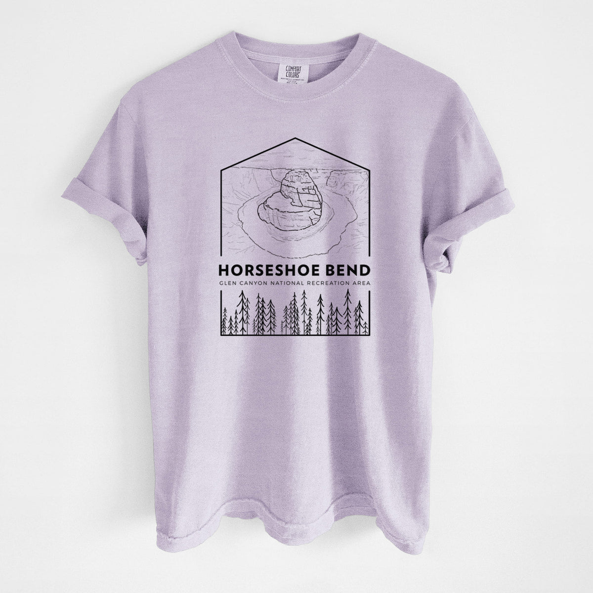 Orchid purple Comfort Colors t-shirt laid flat, printed with a black line art badge of Horseshoe Bend above pine trees, with the words Horseshoe Bend.
