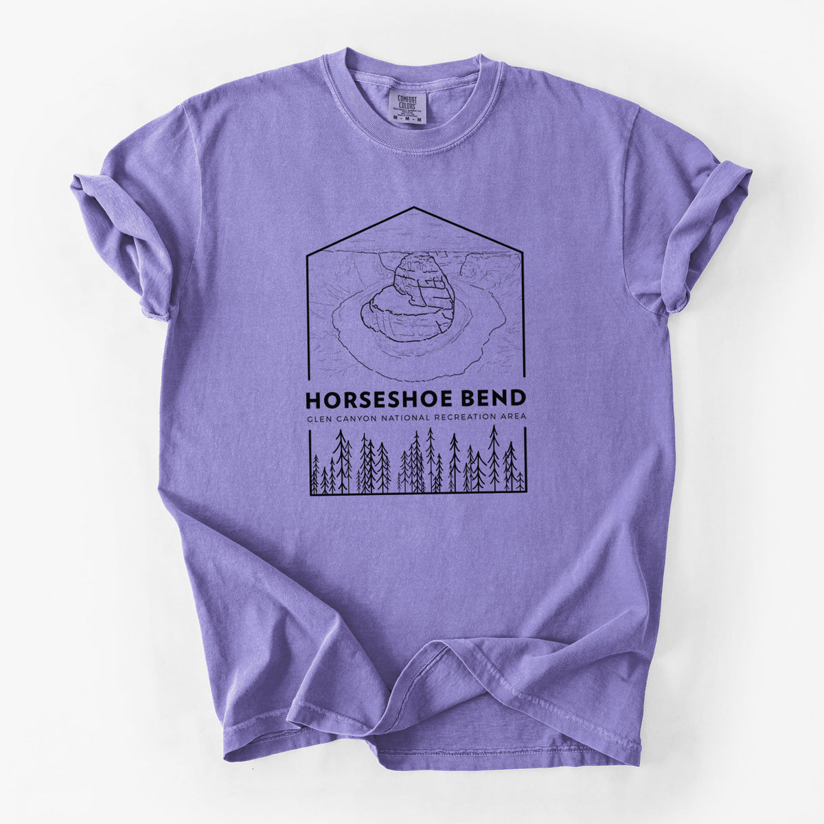 Violet purple Comfort Colors t-shirt laid flat, printed with a black line art badge of Horseshoe Bend above pine trees, with the words Horseshoe Bend.