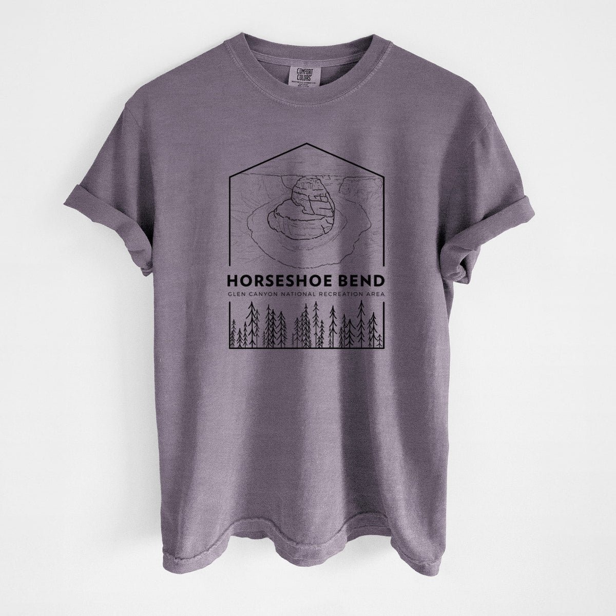 Wine red Comfort Colors t-shirt laid flat, printed with a black line art badge of Horseshoe Bend above pine trees, with the words Horseshoe Bend.