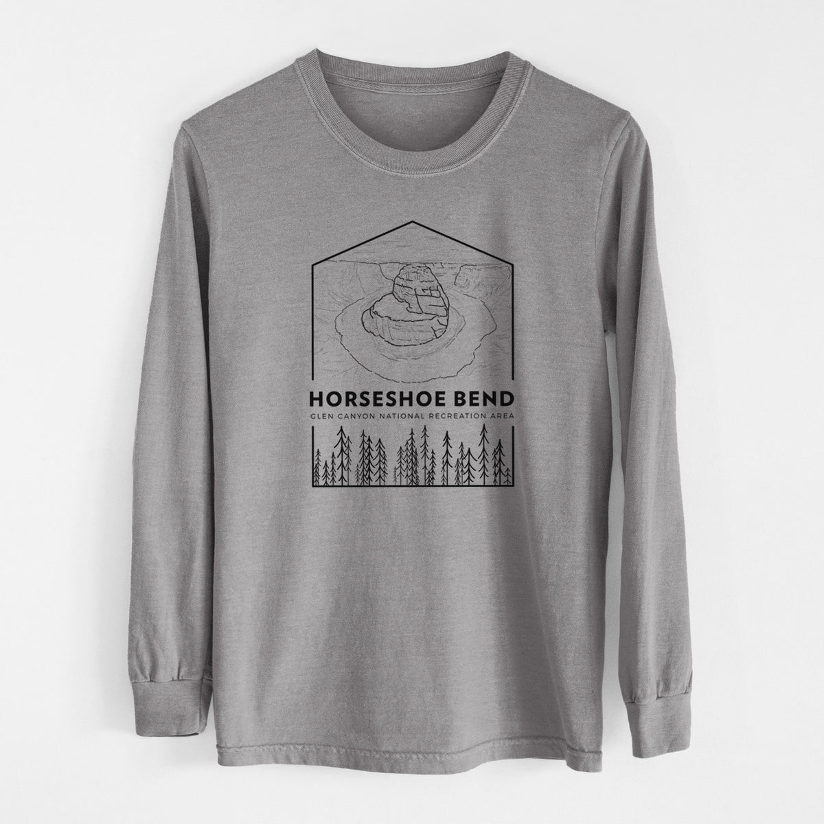 Grey Comfort Colors long sleeve shirt laid flat, printed with a black line art badge of Horseshoe Bend above pine trees, with the words Horseshoe Bend.