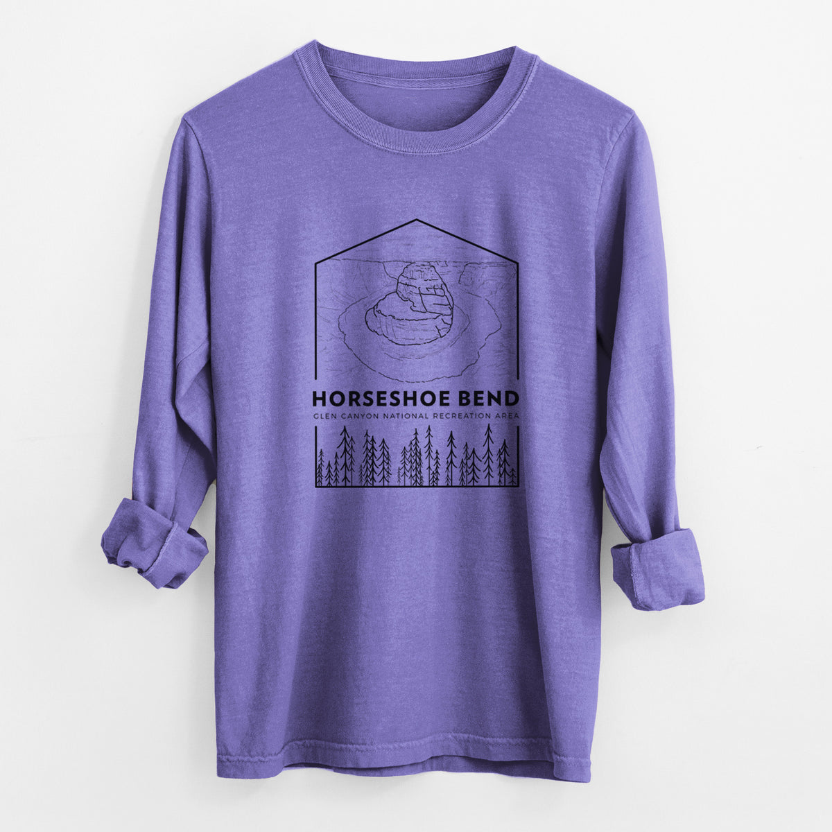 Violet purple Comfort Colors long sleeve shirt laid flat with the cuffs rolled, printed with a black line art badge of Horseshoe Bend above pine trees, with the words Horseshoe Bend.