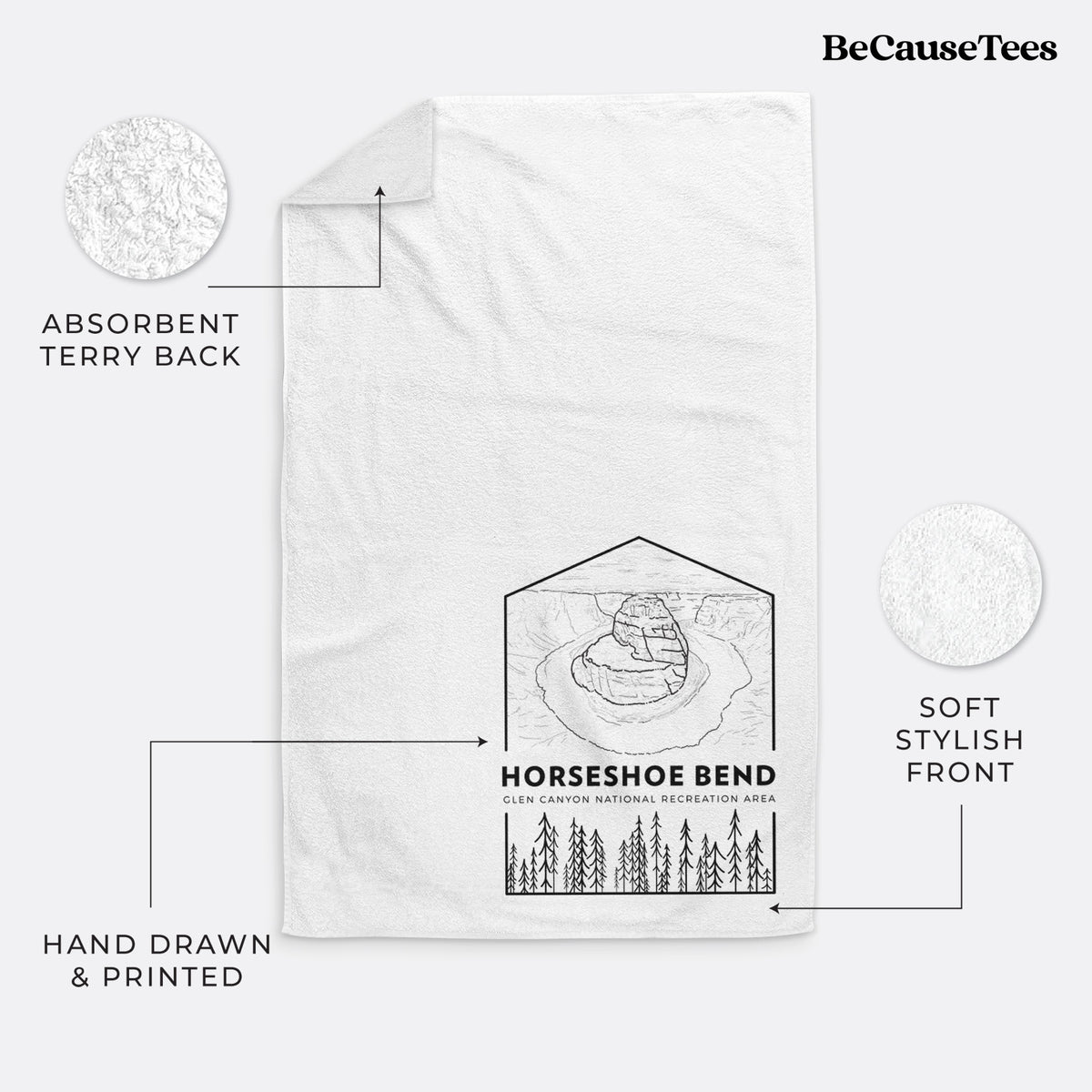 White hand towel printed with a black line art badge of Horseshoe Bend above pine trees, with the words Horseshoe Bend.