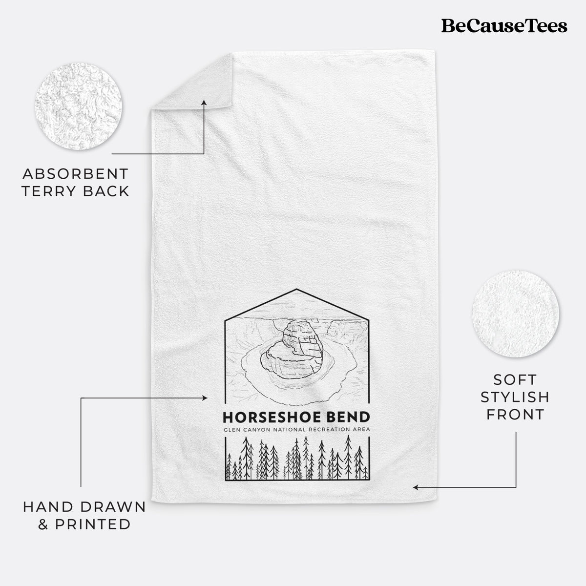 White hand towel printed with a black line art badge of Horseshoe Bend above pine trees, with the words Horseshoe Bend.