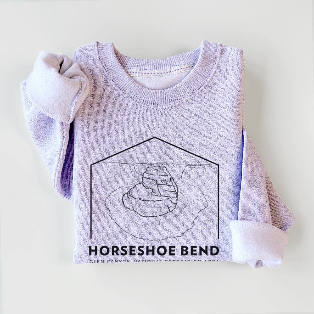 Ice purple knit sweatshirt printed with a black line art badge of Horseshoe Bend above pine trees, with the words Horseshoe Bend, styled flat.