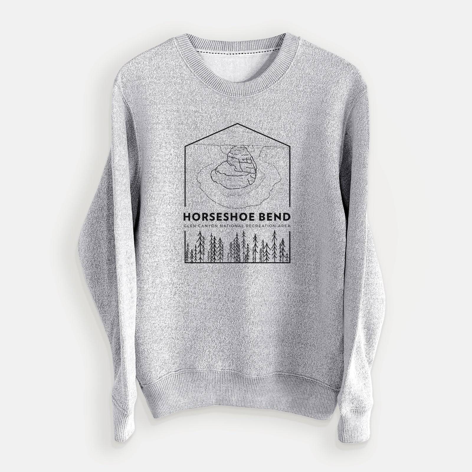Salt and pepper knit sweatshirt laid flat, printed with a black line art badge of Horseshoe Bend above pine trees, with the words Horseshoe Bend.