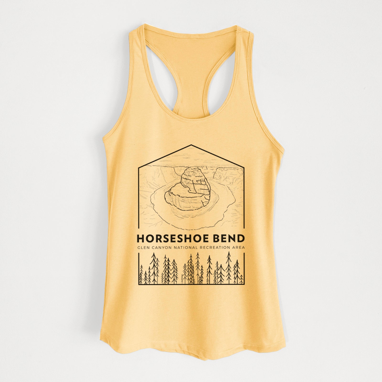 Banana cream women's racerback tank top laid flat, printed with a black line art badge of Horseshoe Bend above pine trees, with the words Horseshoe Bend.