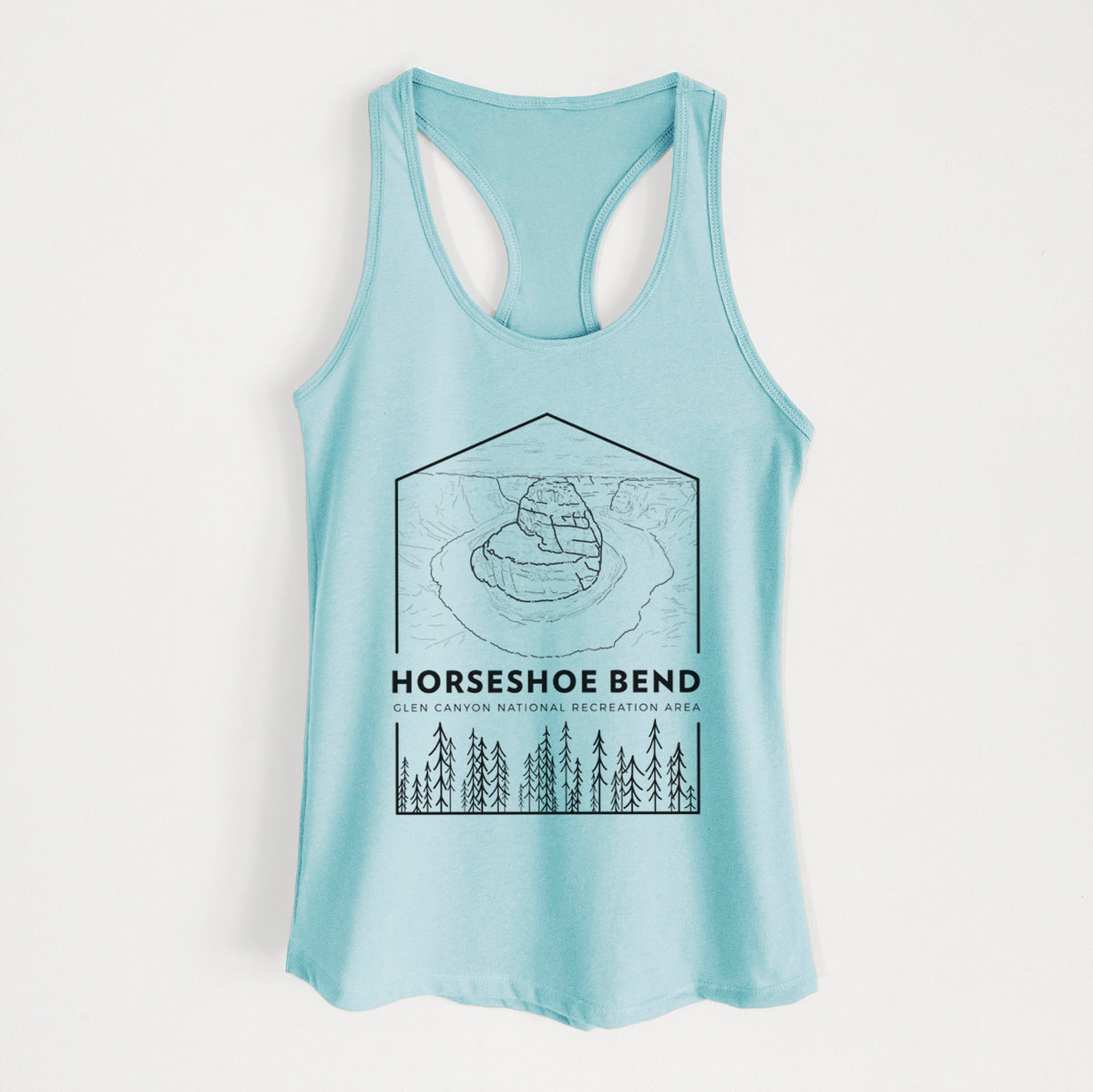 Cancun blue women's racerback tank top laid flat, printed with a black line art badge of Horseshoe Bend above pine trees, with the words Horseshoe Bend.