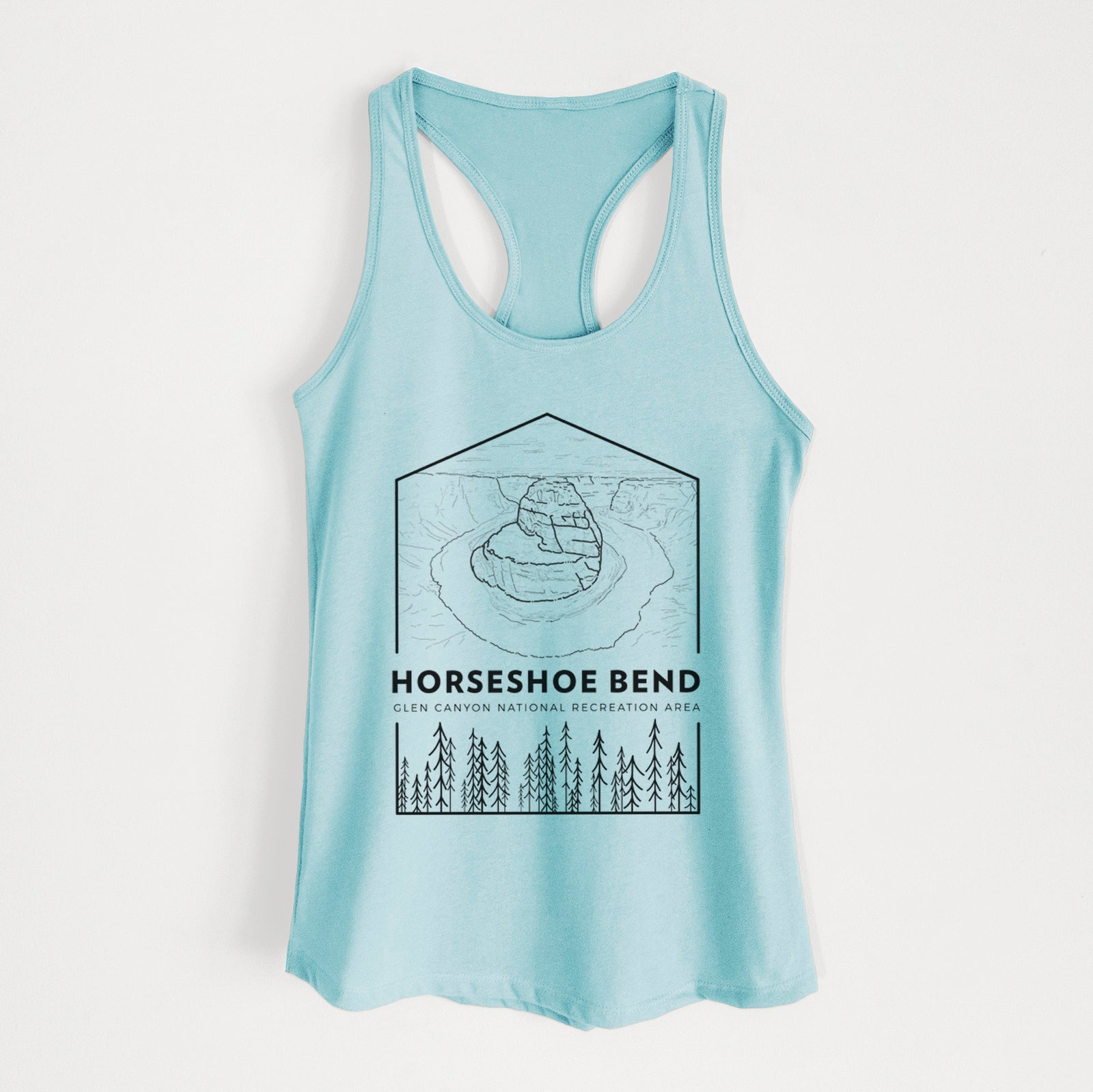 Banana cream women's racerback tank top laid flat, printed with a black line art badge of Horseshoe Bend above pine trees, with the words Horseshoe Bend.