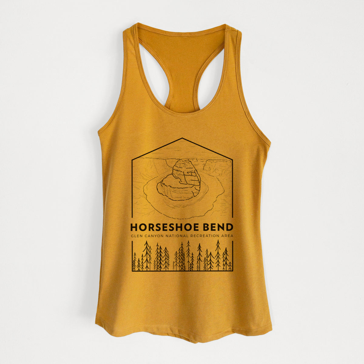 Gold women's racerback tank top laid flat, printed with a black line art badge of Horseshoe Bend above pine trees, with the words Horseshoe Bend.