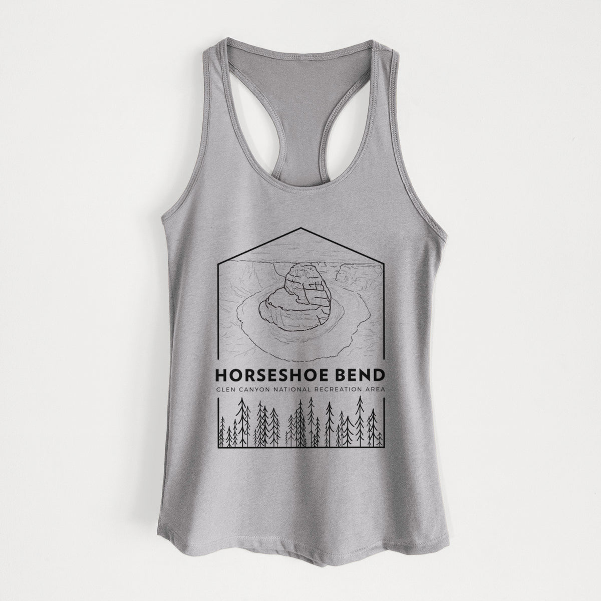 Heather grey women's racerback tank top laid flat, printed with a black line art badge of Horseshoe Bend above pine trees, with the words Horseshoe Bend.