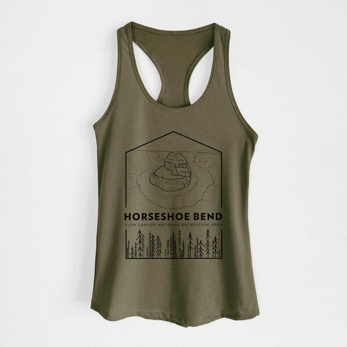 Military green women's racerback tank top laid flat, printed with a black line art badge of Horseshoe Bend above pine trees, with the words Horseshoe Bend.