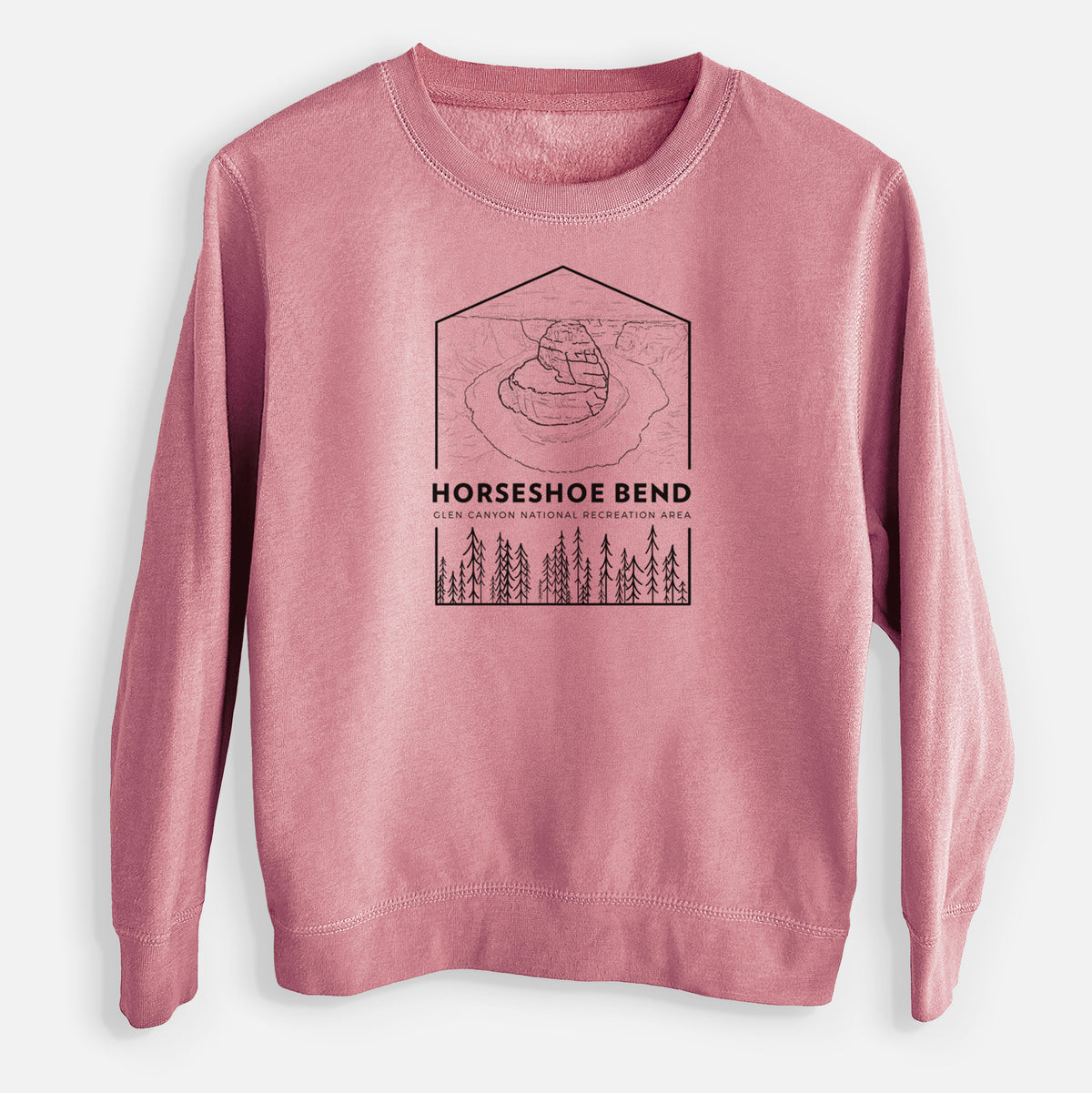 Mauve pink youth crewneck sweatshirt laid flat, printed with a black line art badge of Horseshoe Bend above pine trees, with the words Horseshoe Bend.