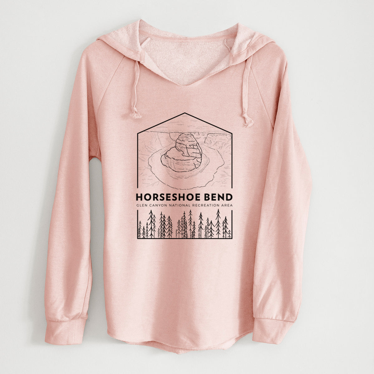 Blush pink women's Cali Wave hooded sweatshirt laid flat, printed with a black line art badge of Horseshoe Bend above pine trees, with the words Horseshoe Bend.