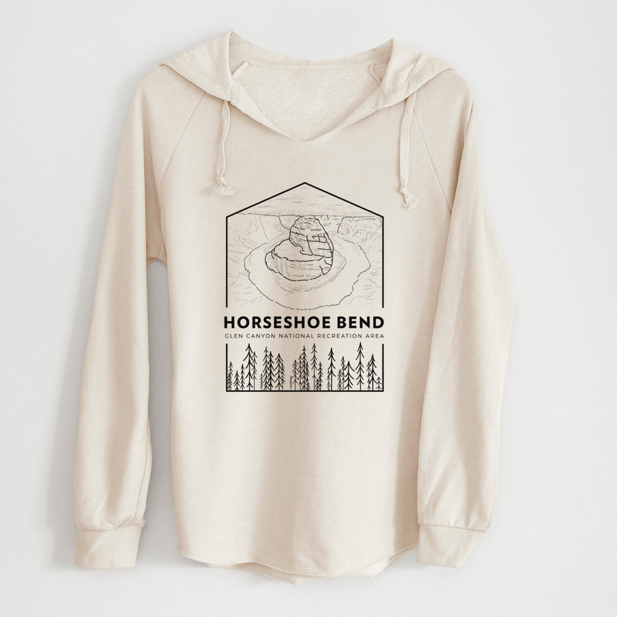 Bone cream women's Cali Wave hooded sweatshirt laid flat, printed with a black line art badge of Horseshoe Bend above pine trees, with the words Horseshoe Bend.