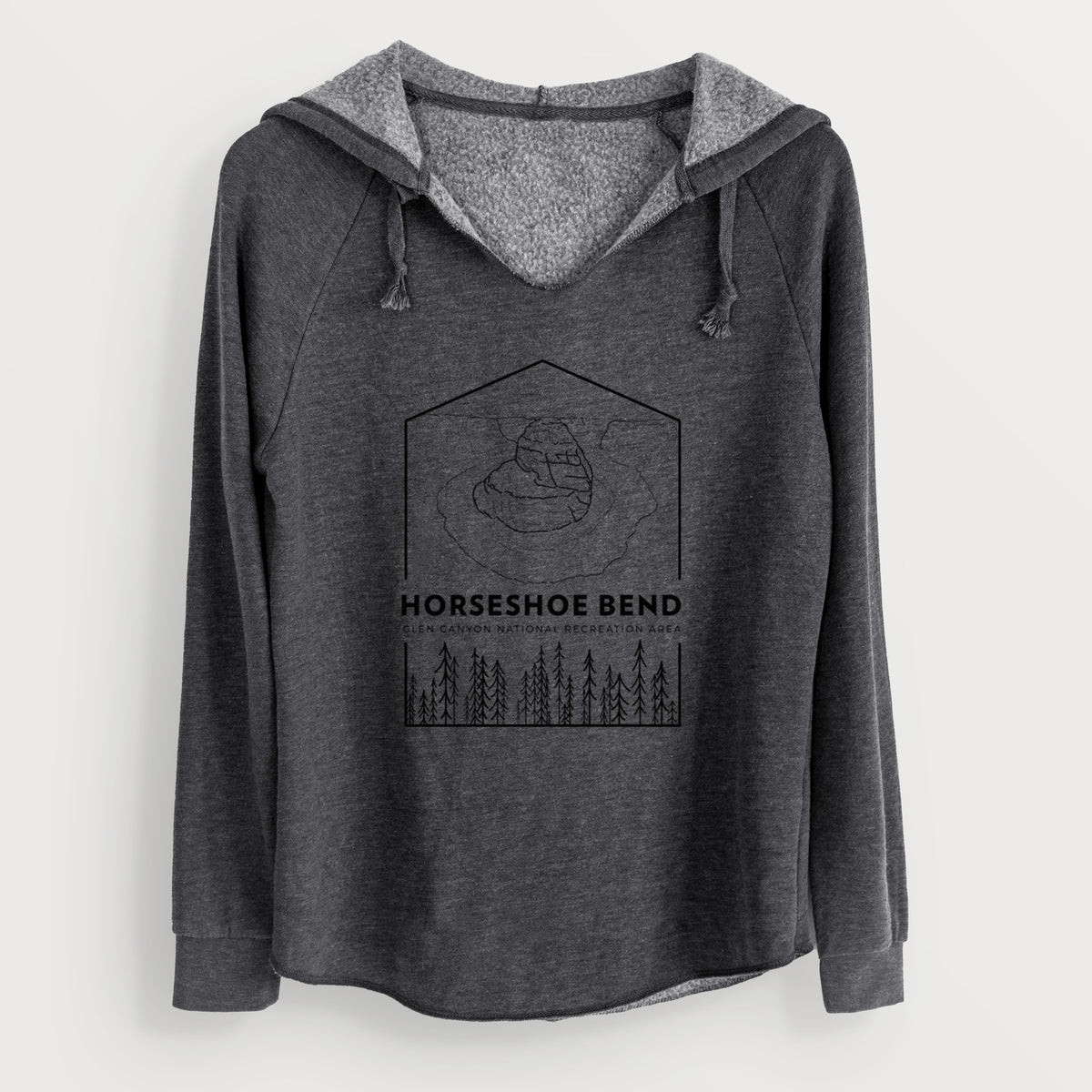 Charcoal grey women's Cali Wave hooded sweatshirt laid flat, printed with a black line art badge of Horseshoe Bend above pine trees, with the words Horseshoe Bend.