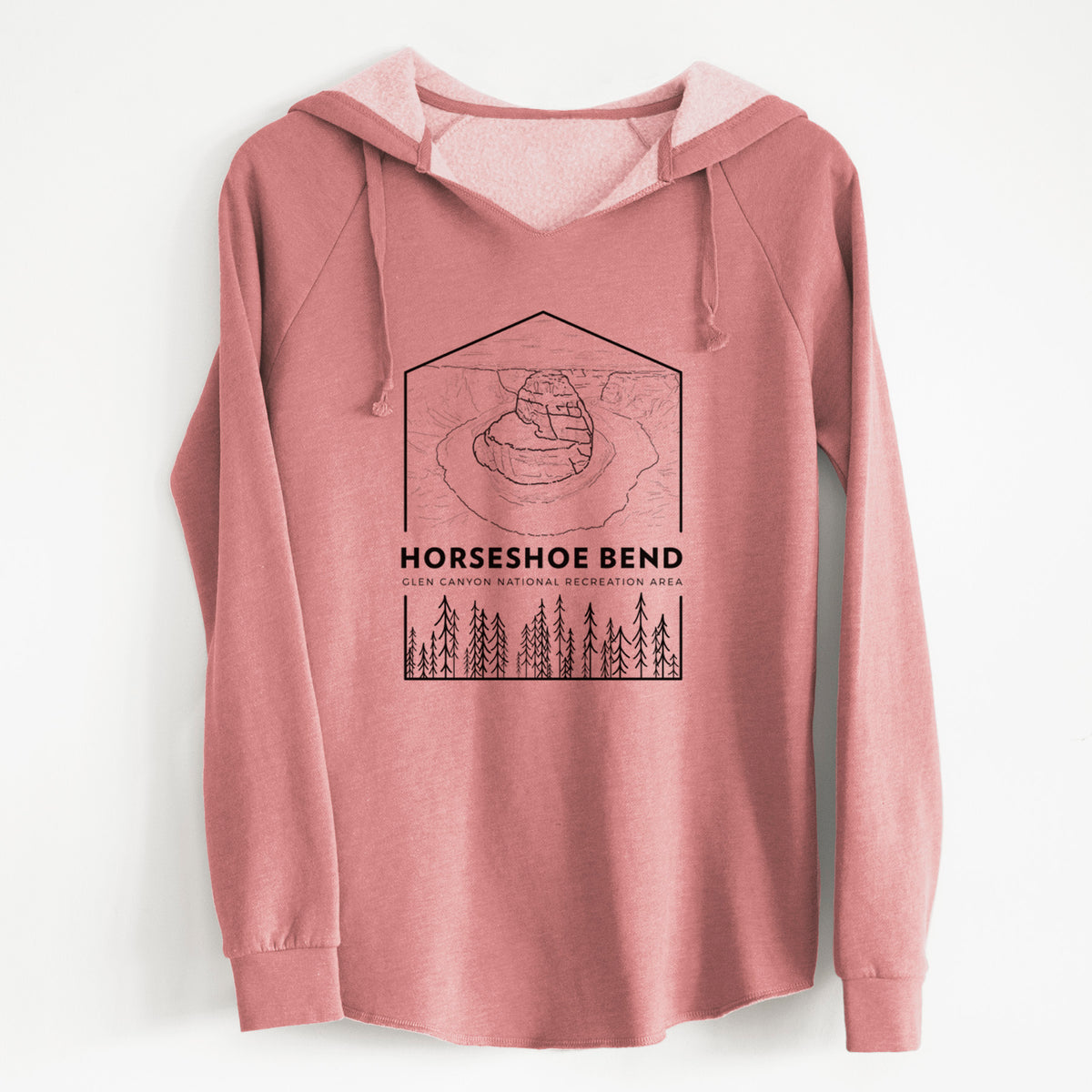 Dusty rose women's Cali Wave hooded sweatshirt laid flat, printed with a black line art badge of Horseshoe Bend above pine trees, with the words Horseshoe Bend.