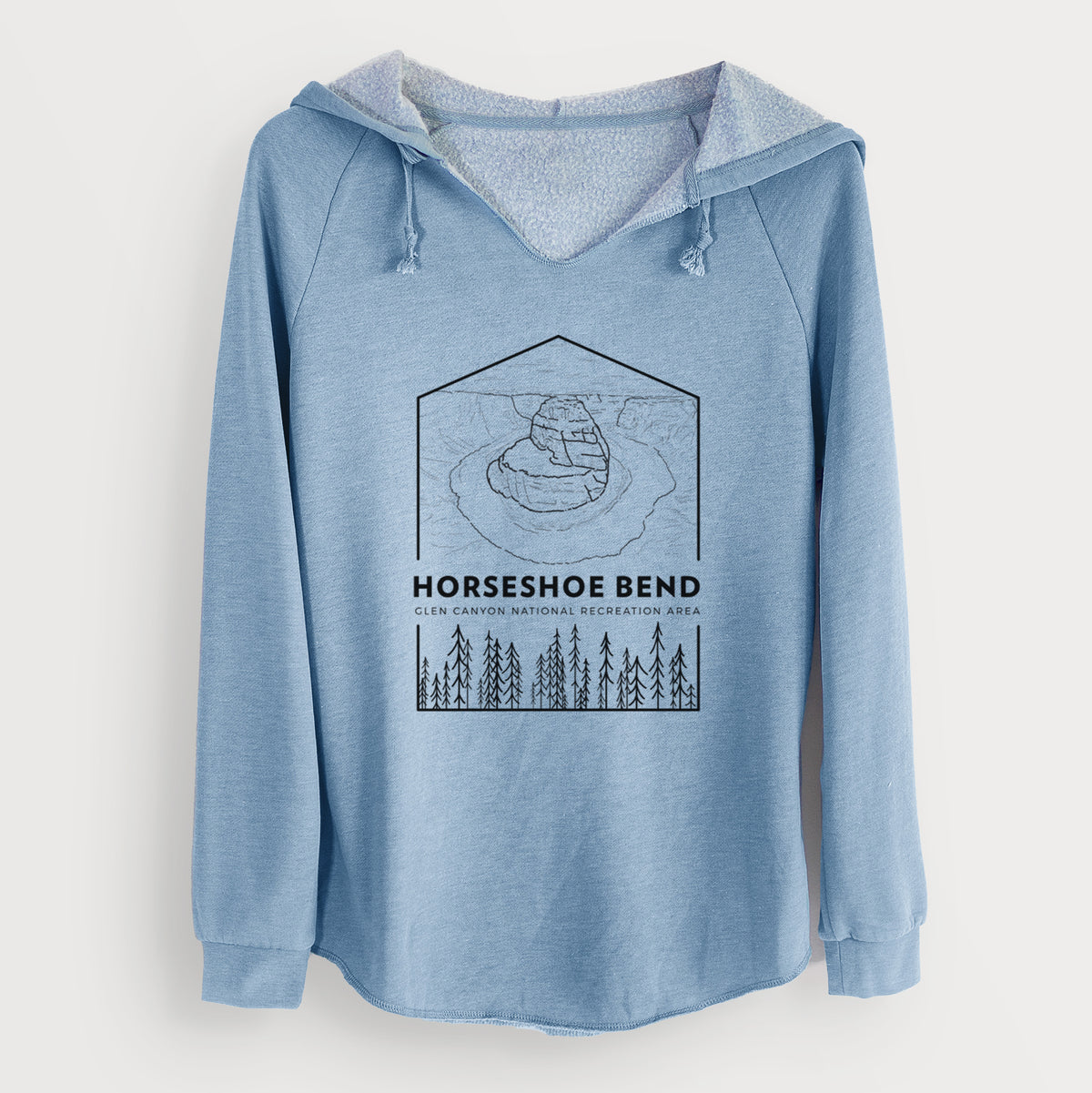 Misty blue women's Cali Wave hooded sweatshirt laid flat, printed with a black line art badge of Horseshoe Bend above pine trees, with the words Horseshoe Bend.