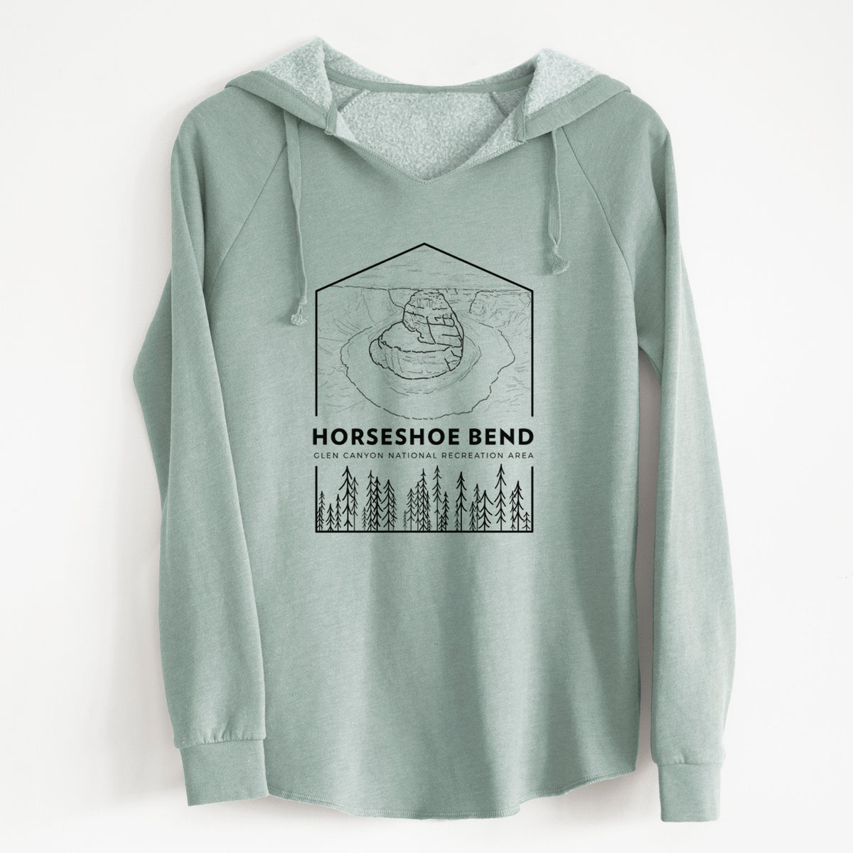 Sage green women's Cali Wave hooded sweatshirt laid flat, printed with a black line art badge of Horseshoe Bend above pine trees, with the words Horseshoe Bend.