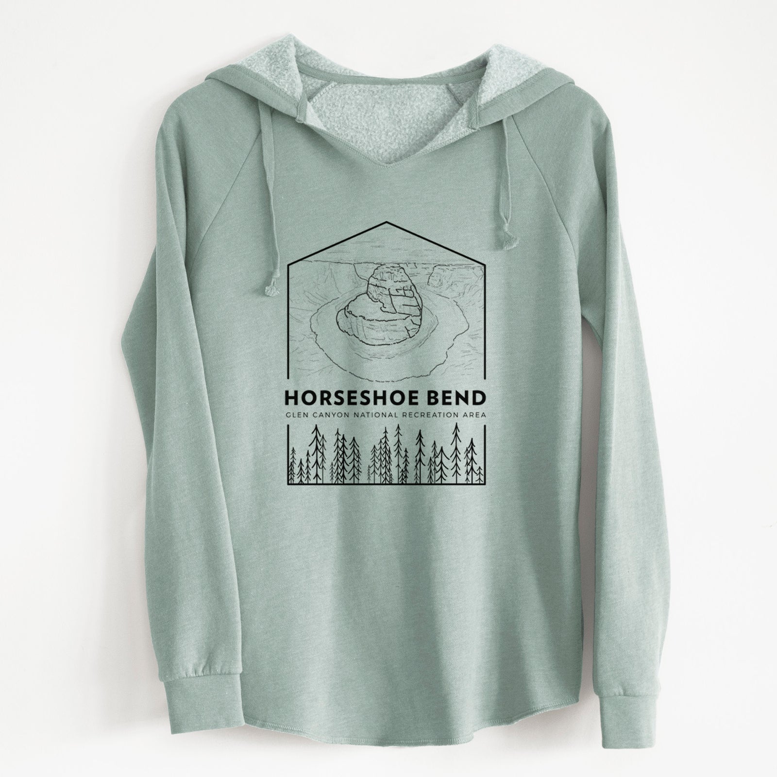 Sage green women's Cali Wave hooded sweatshirt laid flat, printed with a black line art badge of Horseshoe Bend above pine trees, with the words Horseshoe Bend.