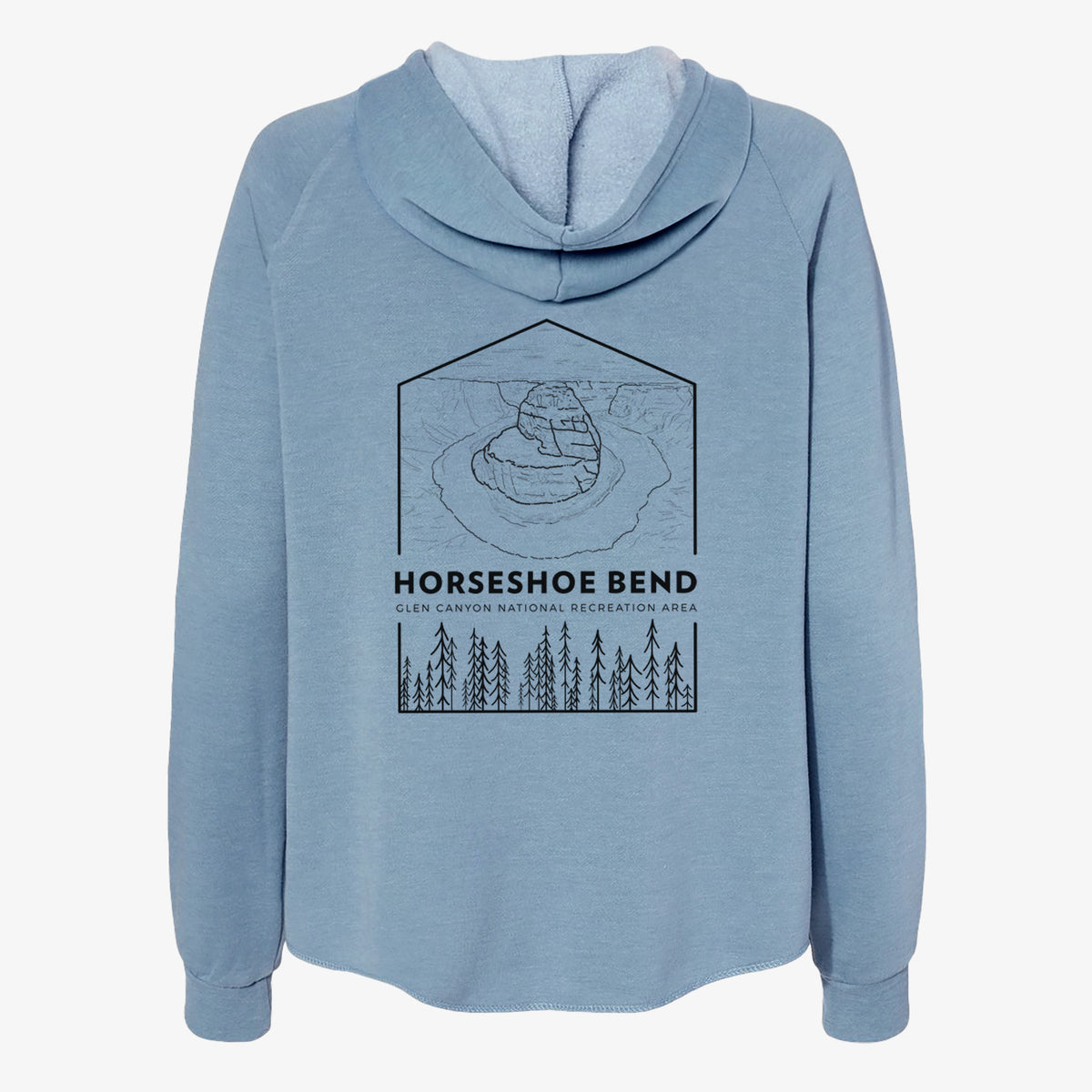 Misty blue women's Cali Wave zip-up sweatshirt laid flat, printed with a black line art badge of Horseshoe Bend above pine trees, with the words Horseshoe Bend.