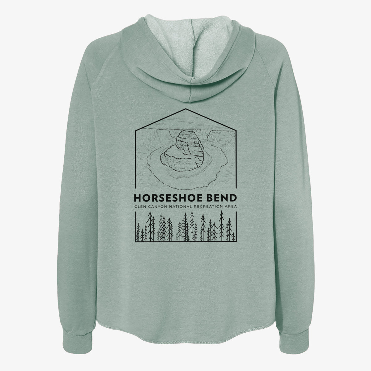 Sage green women's Cali Wave zip-up sweatshirt laid flat, printed with a black line art badge of Horseshoe Bend above pine trees, with the words Horseshoe Bend.