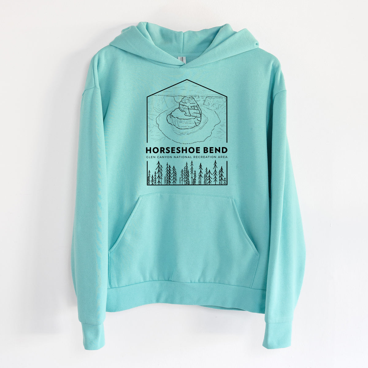 Horseshoe Bend - Glen Canyon National Recreation Area - Statement Midweight Hoodie in Seafoam, hanging on a white wall, with a front kangaroo pocket and no drawcords.