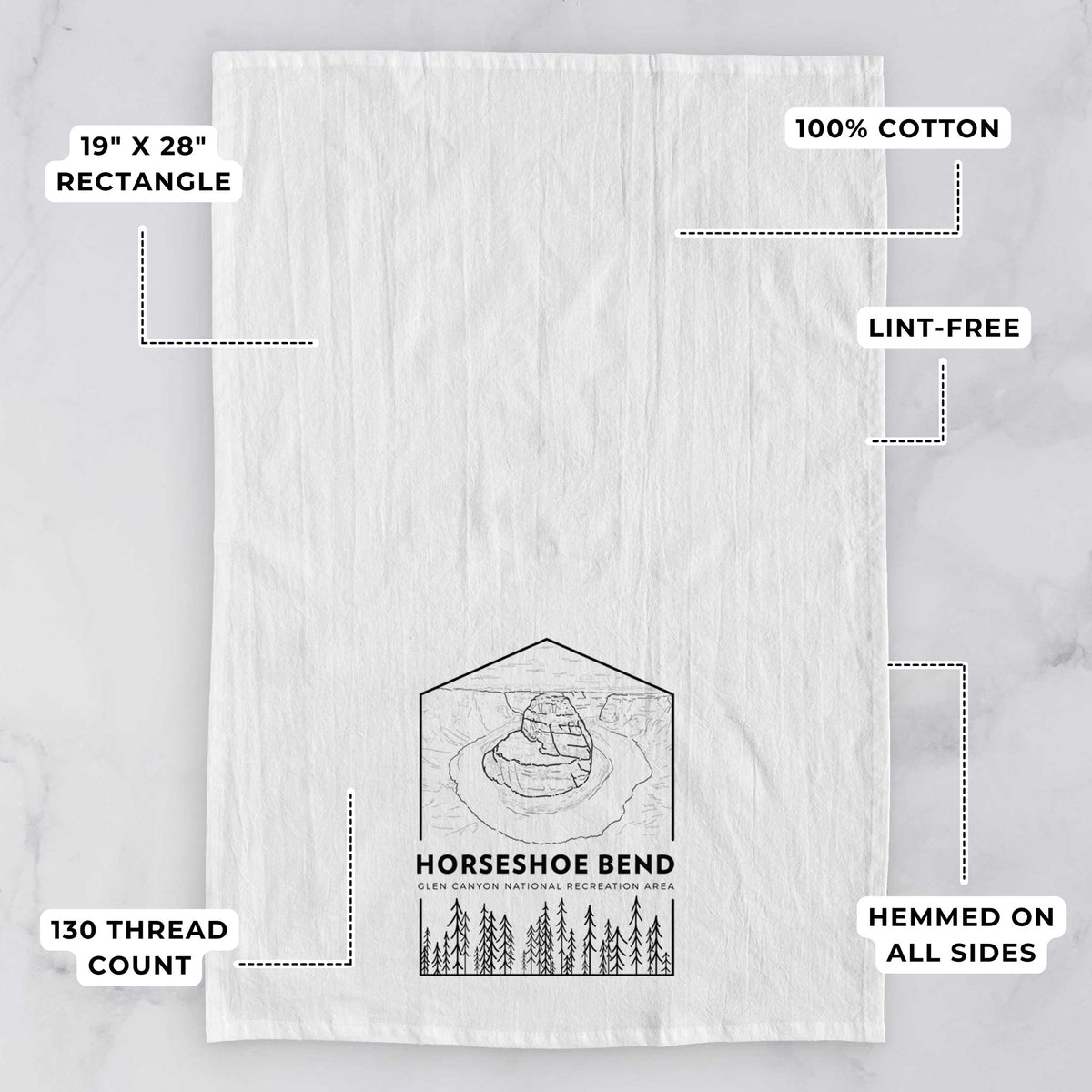 White tea towel printed with a black line art badge of Horseshoe Bend above pine trees, with the words Horseshoe Bend, with feature labels: 19 by 28 inch rectangle, 100% cotton, lint-free, 130 thread count, hemmed on all sides.