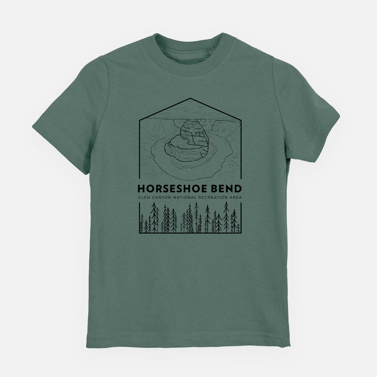 Basil green youth t-shirt laid flat, printed with a black line art badge of Horseshoe Bend above pine trees, with the words Horseshoe Bend.