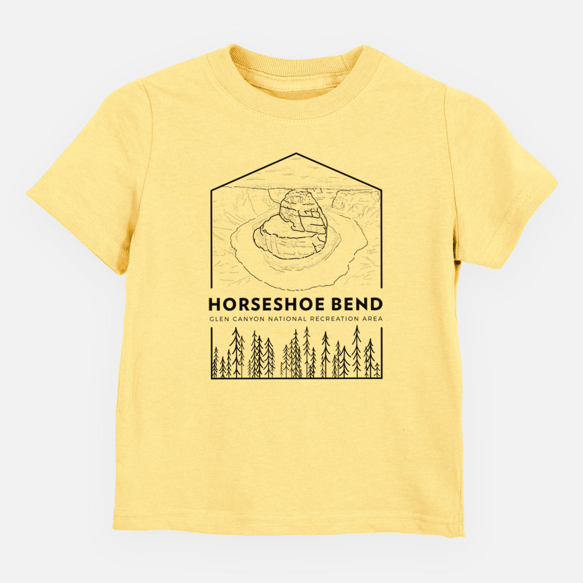 Butter yellow toddler t-shirt laid flat, printed with a black line art badge of Horseshoe Bend above pine trees, with the words Horseshoe Bend.