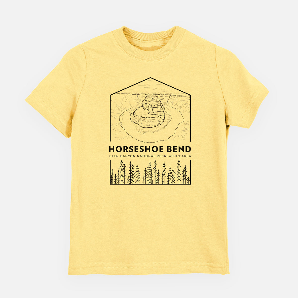 Butter yellow youth t-shirt laid flat, printed with a black line art badge of Horseshoe Bend above pine trees, with the words Horseshoe Bend.