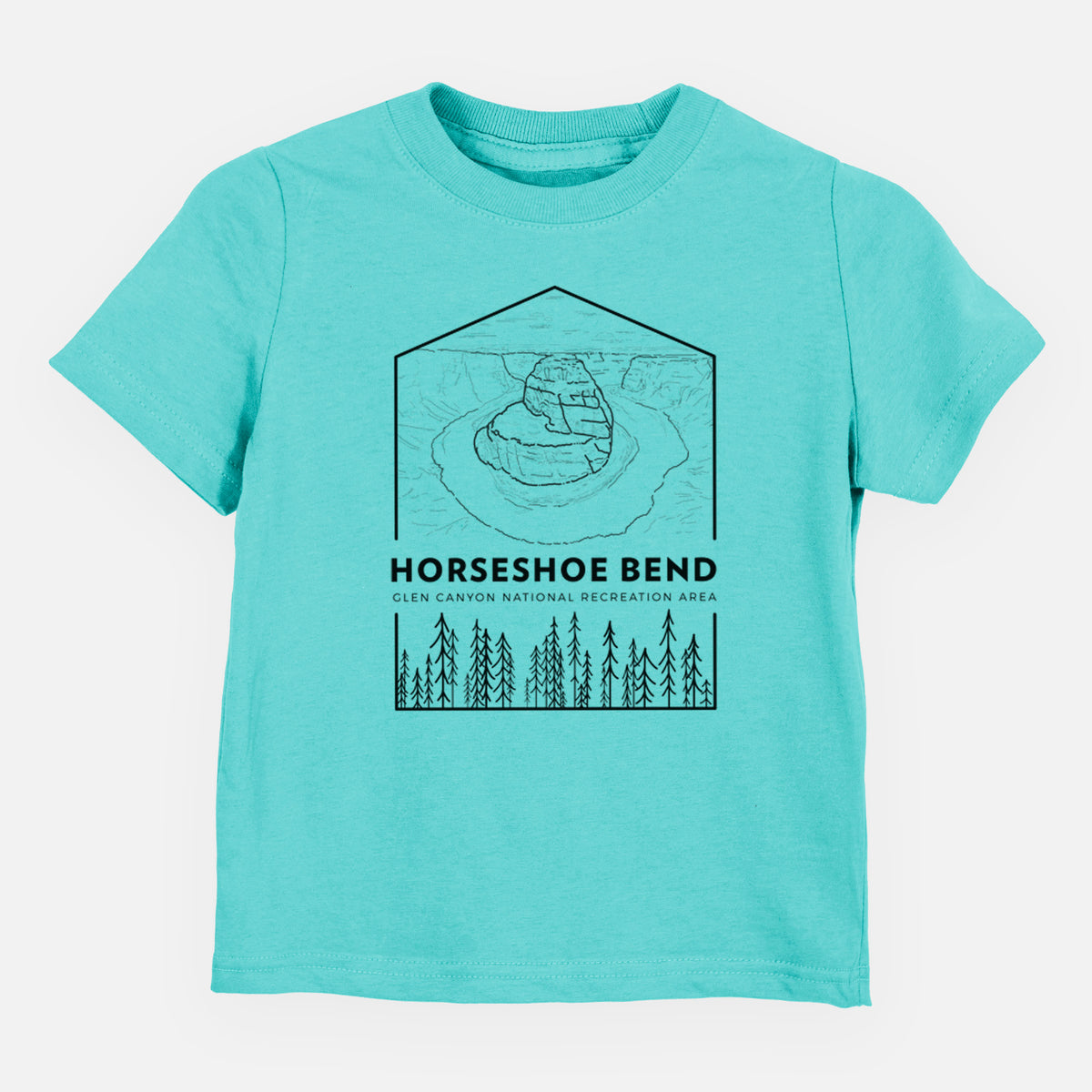 Caribbean blue toddler t-shirt laid flat, printed with a black line art badge of Horseshoe Bend above pine trees, with the words Horseshoe Bend.
