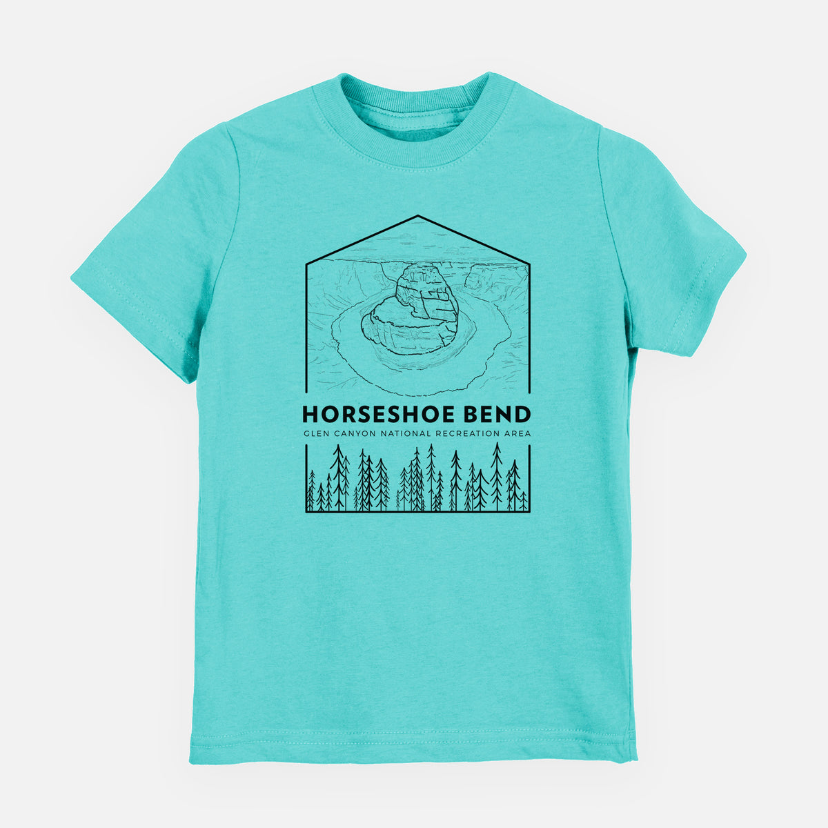Caribbean blue youth t-shirt laid flat, printed with a black line art badge of Horseshoe Bend above pine trees, with the words Horseshoe Bend.
