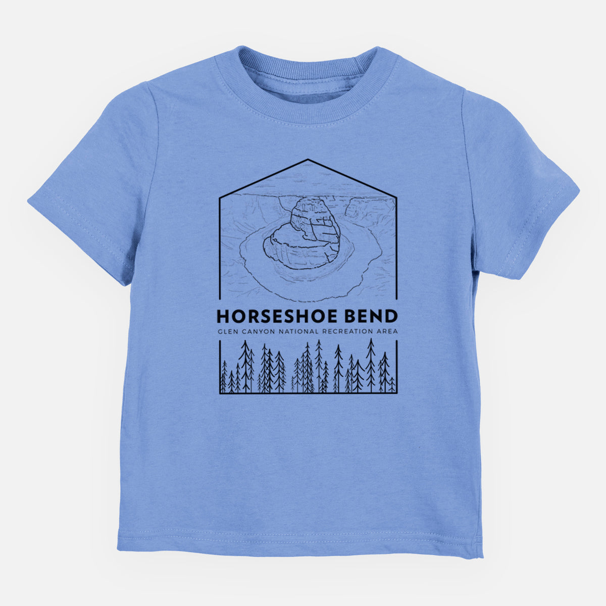 Carolina blue toddler t-shirt laid flat, printed with a black line art badge of Horseshoe Bend above pine trees, with the words Horseshoe Bend.