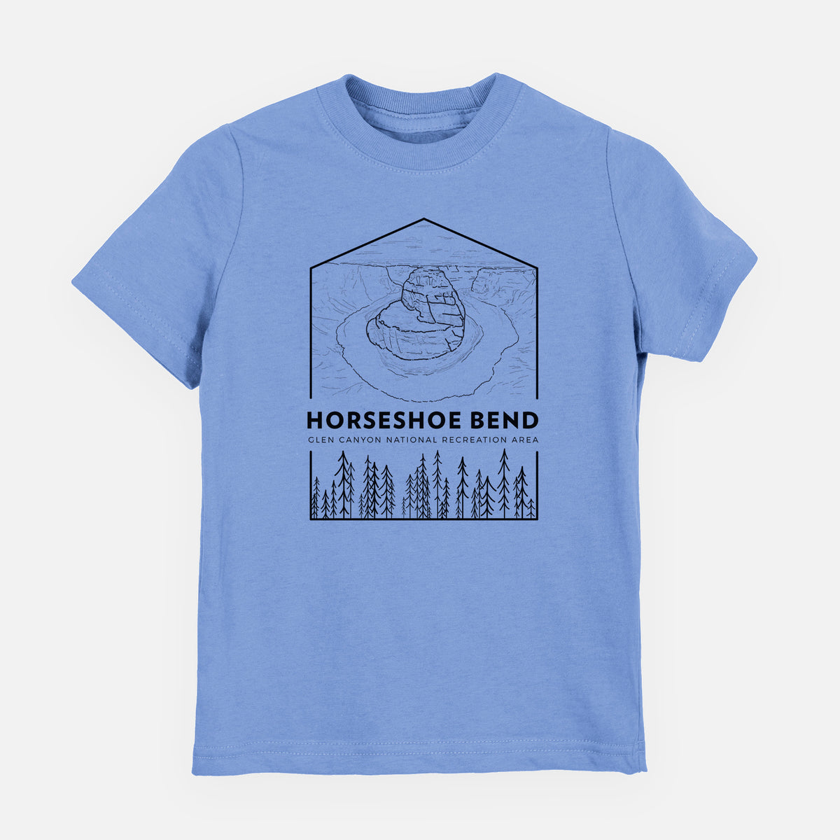 Carolina blue youth t-shirt laid flat, printed with a black line art badge of Horseshoe Bend above pine trees, with the words Horseshoe Bend.
