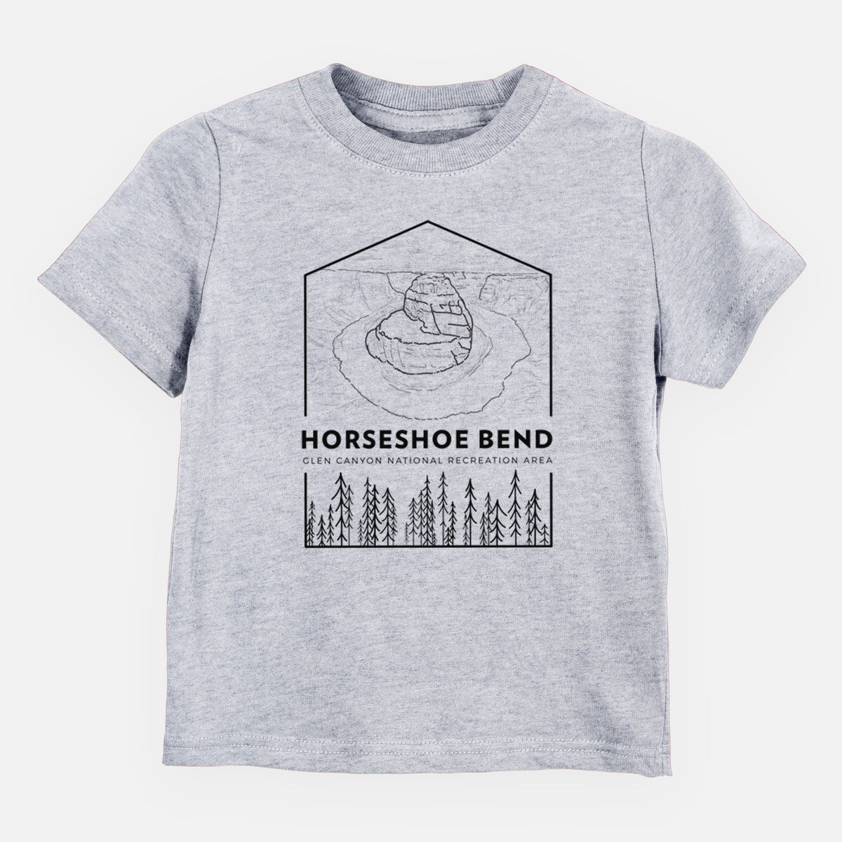 Heather grey toddler t-shirt laid flat, printed with a black line art badge of Horseshoe Bend above pine trees, with the words Horseshoe Bend.