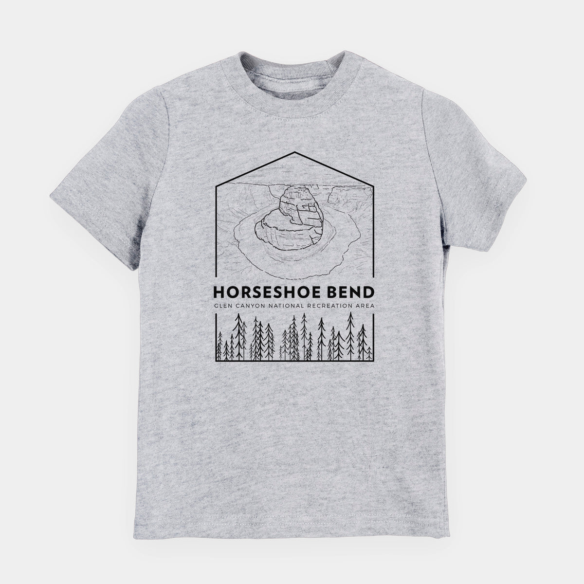 Heather grey youth t-shirt laid flat, printed with a black line art badge of Horseshoe Bend above pine trees, with the words Horseshoe Bend.