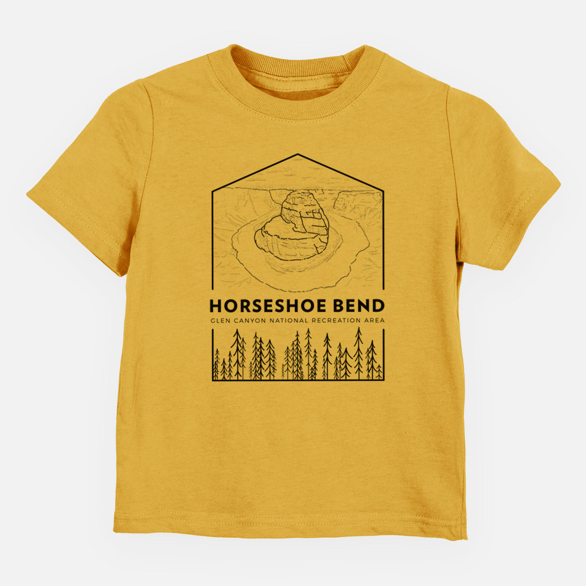 Honeycomb yellow toddler t-shirt laid flat, printed with a black line art badge of Horseshoe Bend above pine trees, with the words Horseshoe Bend.