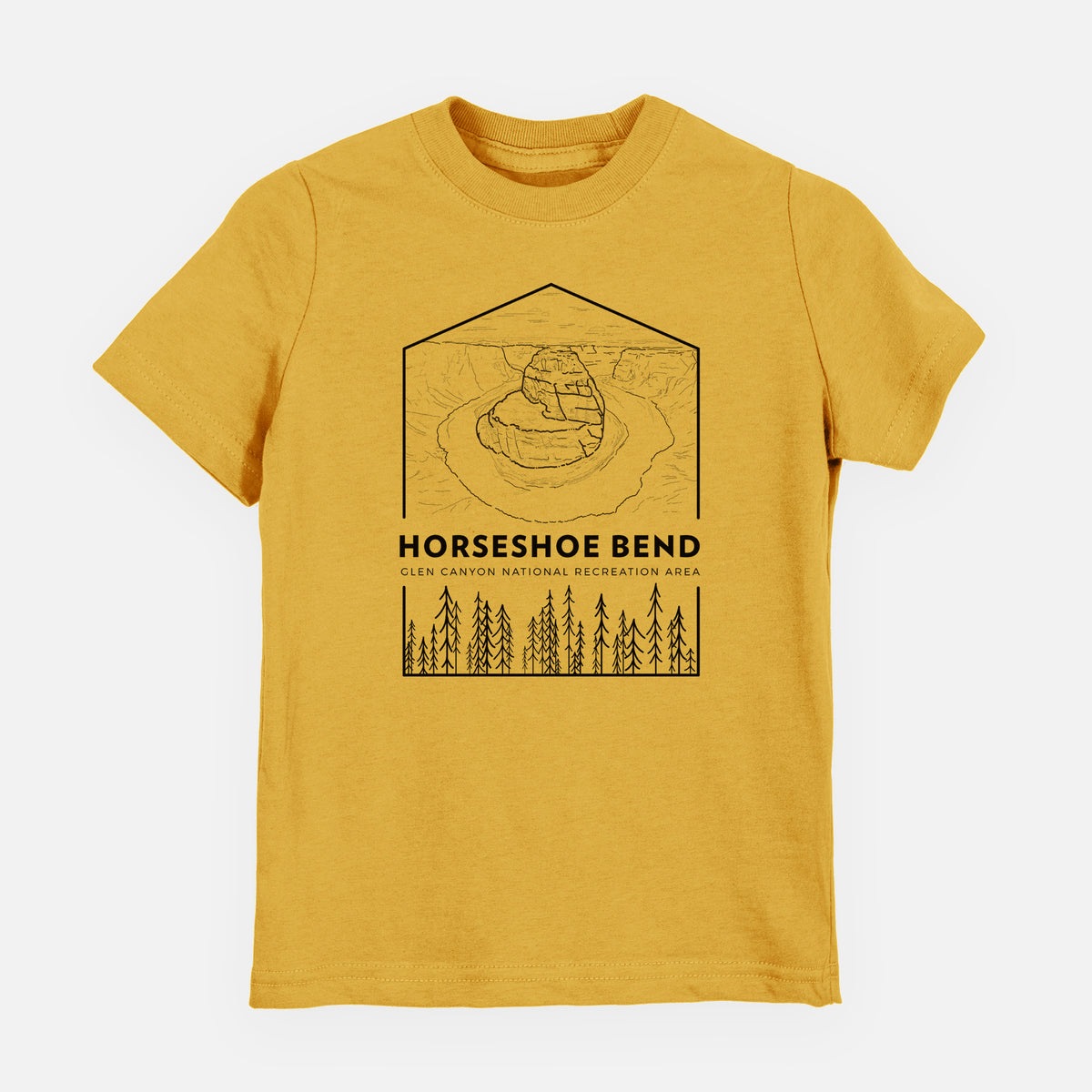 Honeycomb yellow youth t-shirt laid flat, printed with a black line art badge of Horseshoe Bend above pine trees, with the words Horseshoe Bend.