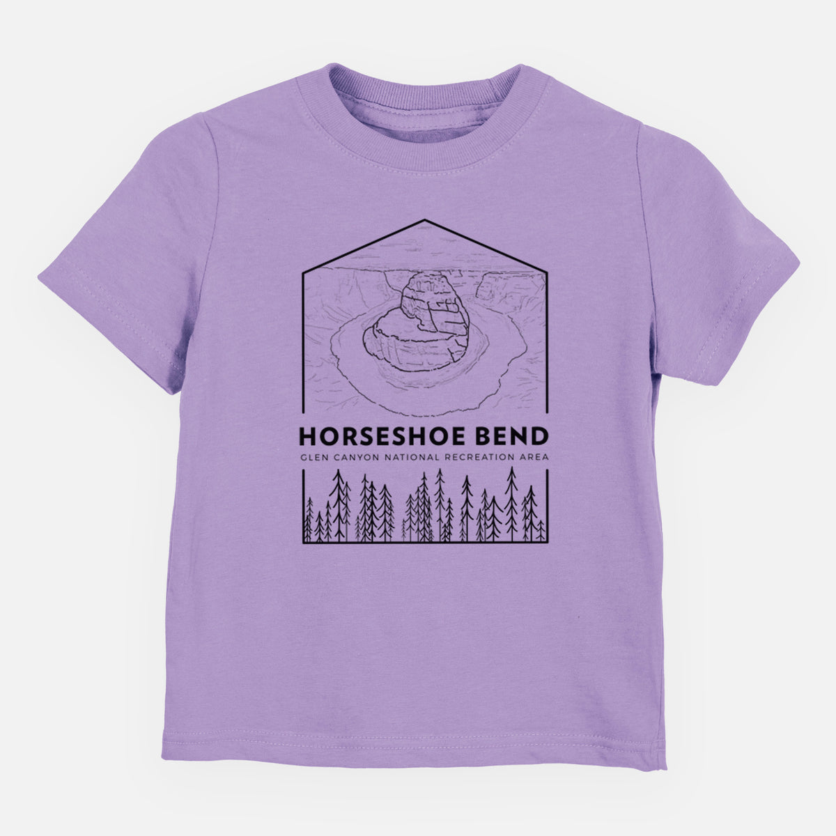 Lavender toddler t-shirt laid flat, printed with a black line art badge of Horseshoe Bend above pine trees, with the words Horseshoe Bend.