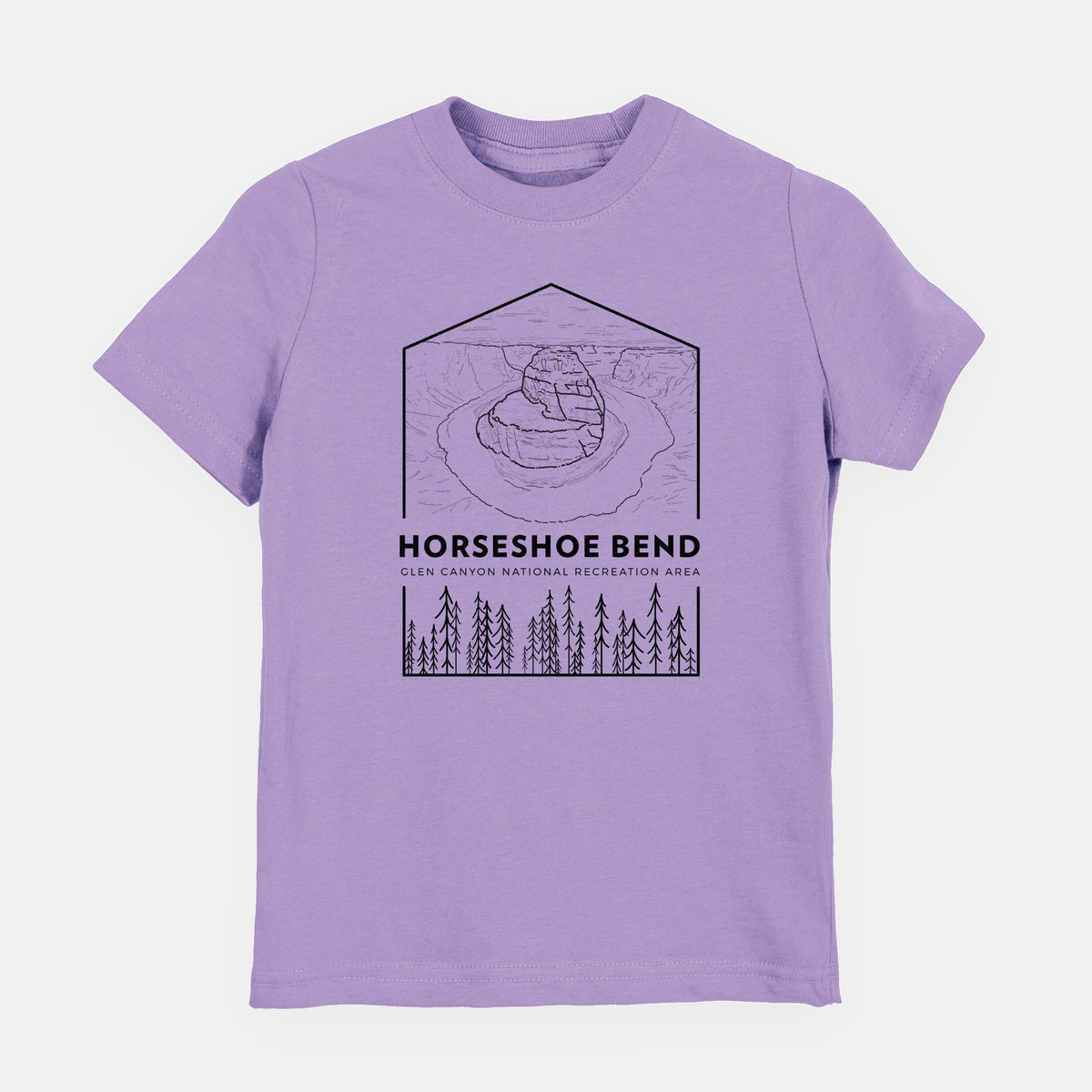 Lavender youth t-shirt laid flat, printed with a black line art badge of Horseshoe Bend above pine trees, with the words Horseshoe Bend.
