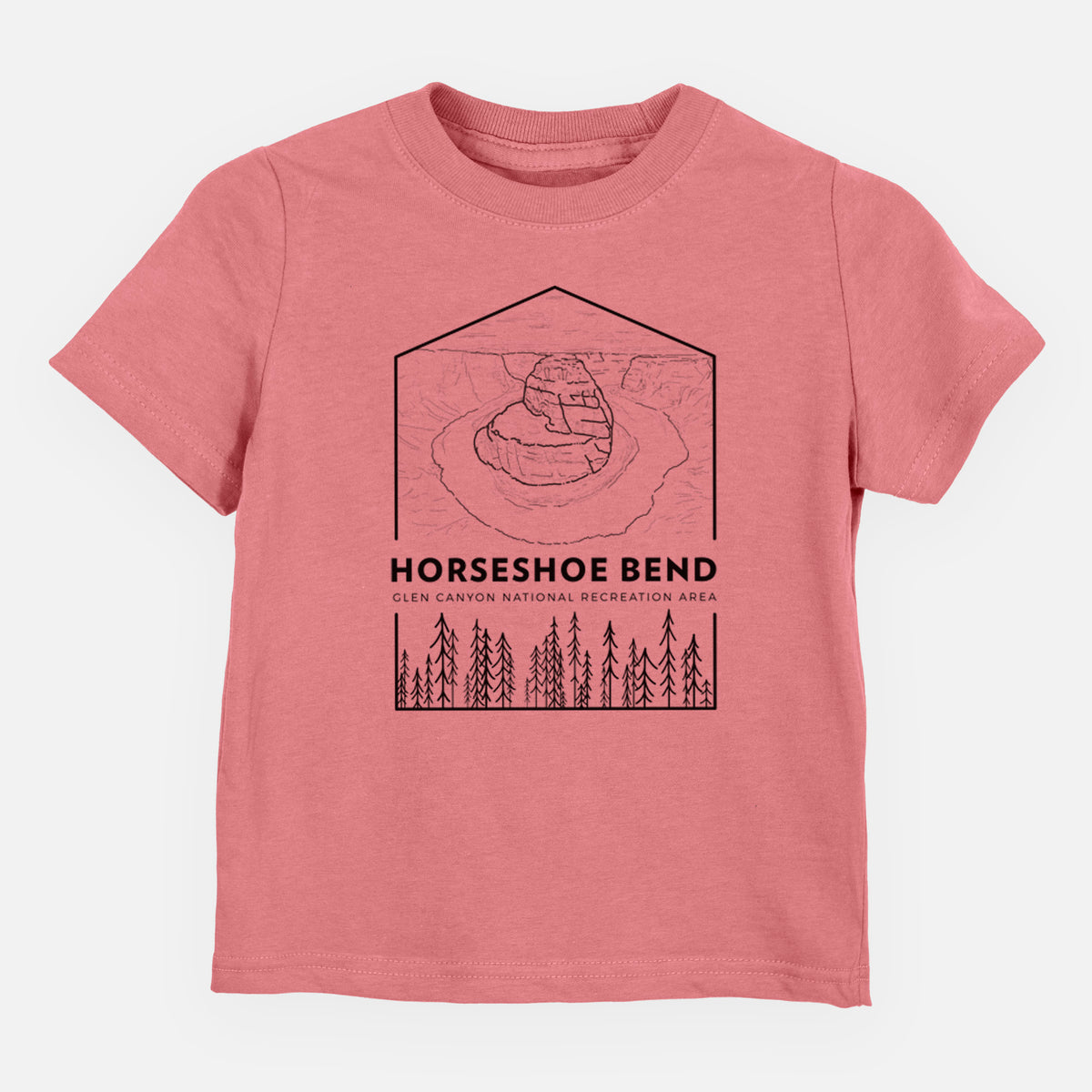 Mauve pink toddler t-shirt laid flat, printed with a black line art badge of Horseshoe Bend above pine trees, with the words Horseshoe Bend.