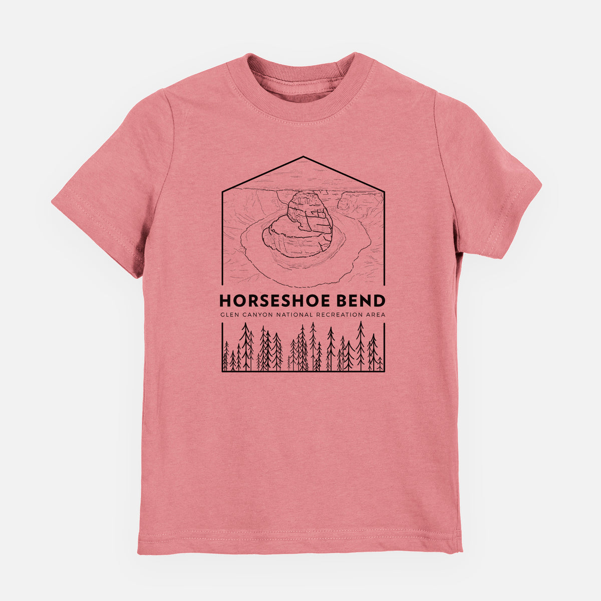 Mauve pink youth t-shirt laid flat, printed with a black line art badge of Horseshoe Bend above pine trees, with the words Horseshoe Bend.