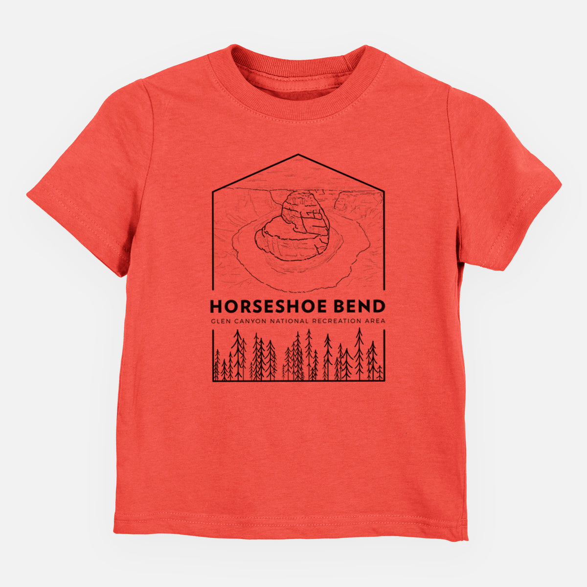 Passionfruit pink toddler t-shirt laid flat, printed with a black line art badge of Horseshoe Bend above pine trees, with the words Horseshoe Bend.