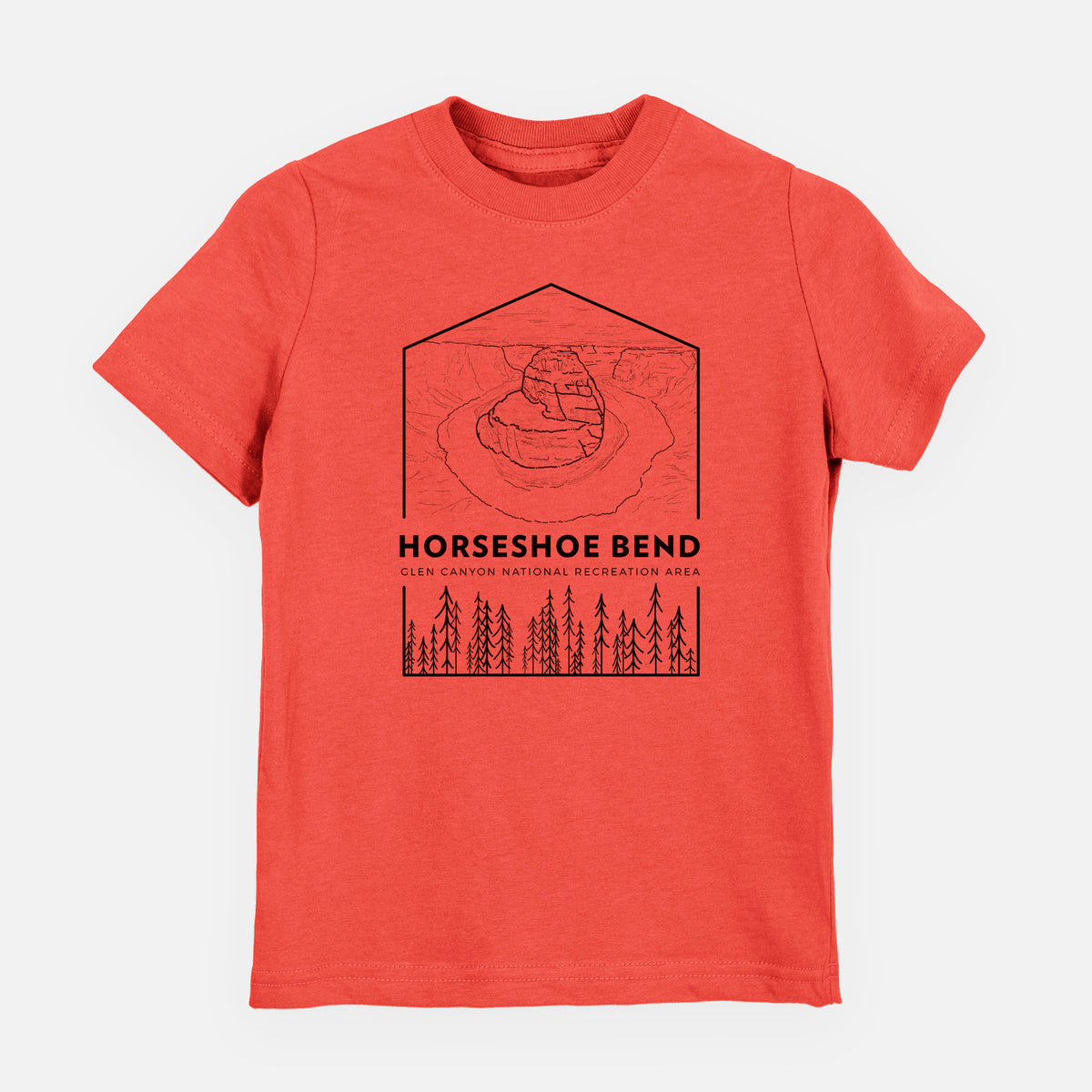 Passionfruit pink youth t-shirt laid flat, printed with a black line art badge of Horseshoe Bend above pine trees, with the words Horseshoe Bend.